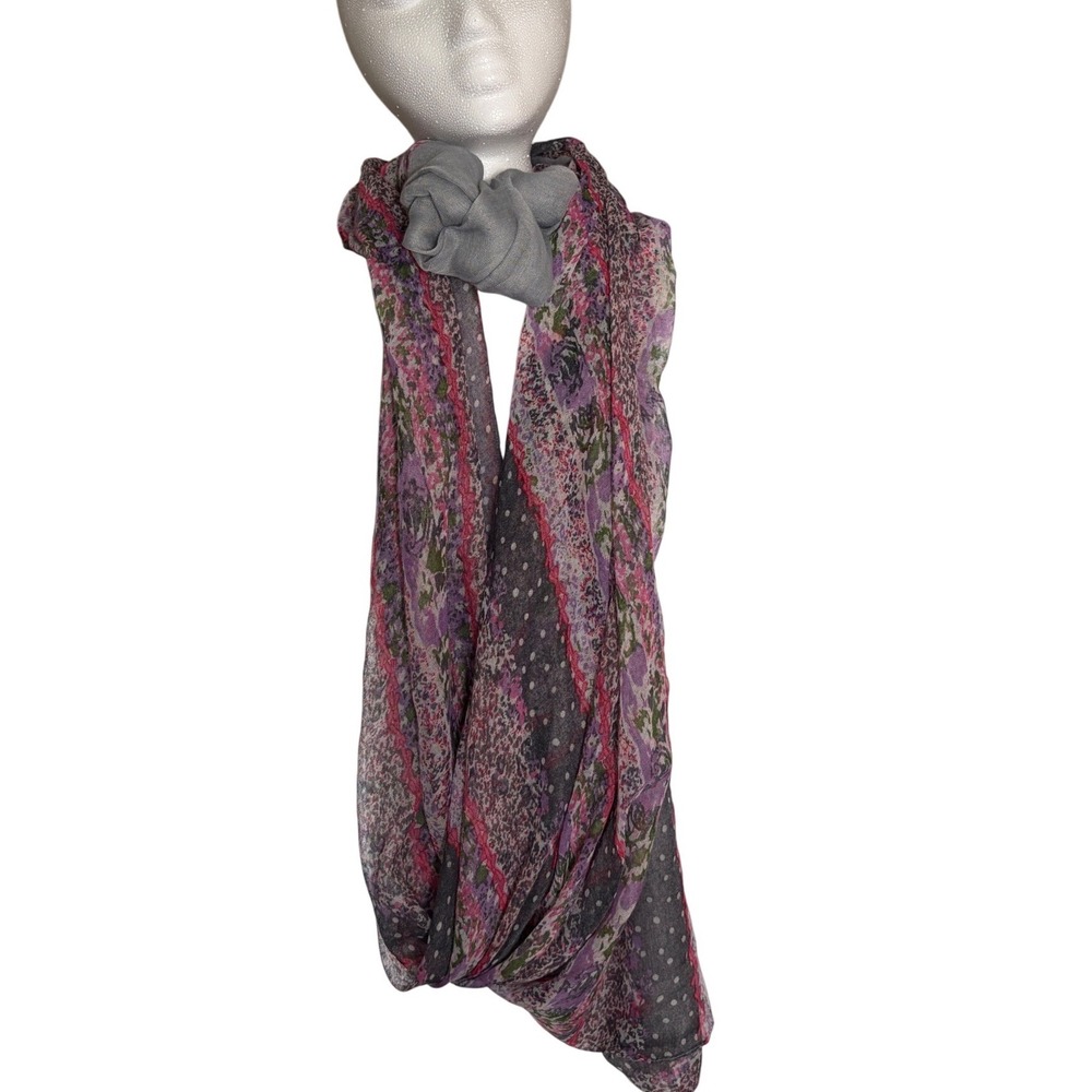 Boho Floral and Polka Dot Infinity Scarf Purple Pink Grey‎ Lightweight Gauze